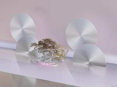 Modern Indoor Decorative Plant With Silver Circular Decor Panels On White Display Shelf 3d model