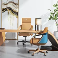 Modern Office Desk With Ergonomic Chair Blue Accent Chair Table Lamp Potted Plant And Abstract Art