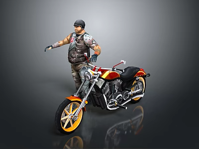 Custom Red And Black Cruiser Motorcycle With Yellow Rims And Rider In Armored Vest 3d model