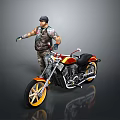 Custom Red And Black Cruiser Motorcycle With Yellow Rims And Rider In Armored Vest