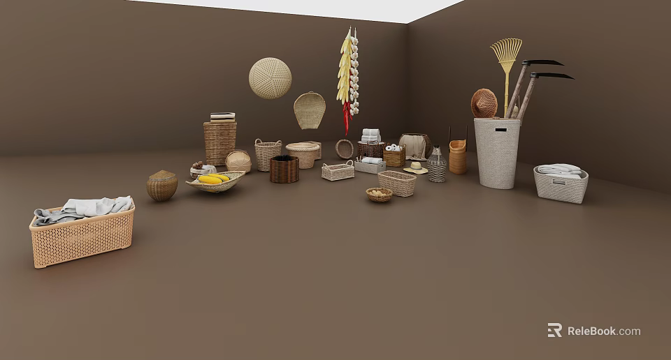 Charming Garden Decor With Wicker Baskets Tools And Handmade Ornaments 3d model