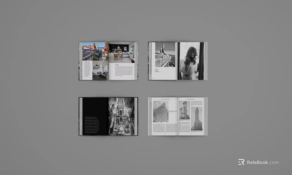 Open Magazine Interior Pages With Various City Scenes Black White Photos And Text Content 3d model 
