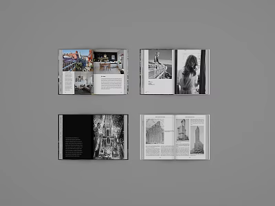 Open Magazine Interior Pages With Various City Scenes Black White Photos And Text Content 3d model