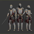 Three Armored Knights In Silver Armor With Red Gold Details And Swords