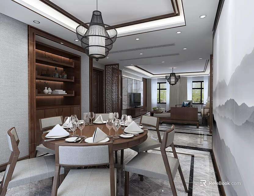Chinese Style Dining Living Room Interior With Round Table Chandelier Wooden Furniture And Display Shelves 3d model 