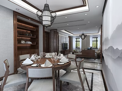 Chinese Style Dining Living Room Interior With Round Table Chandelier Wooden Furniture And Display Shelves 3d model