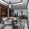 Chinese Style Dining Living Room Interior With Round Table Chandelier Wooden Furniture And Display Shelves