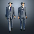 Two Men in Gray Suits with Blue Ties Wearing Hats Against Gray Background