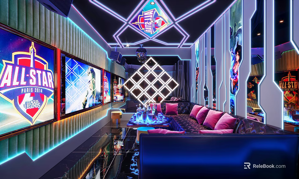 Modern KTV Interior Design With Neon Lights Large Screens And Comfortable Sofa 3d model 