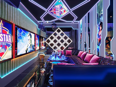 Modern KTV Interior Design With Neon Lights Large Screens And Comfortable Sofa 3d model