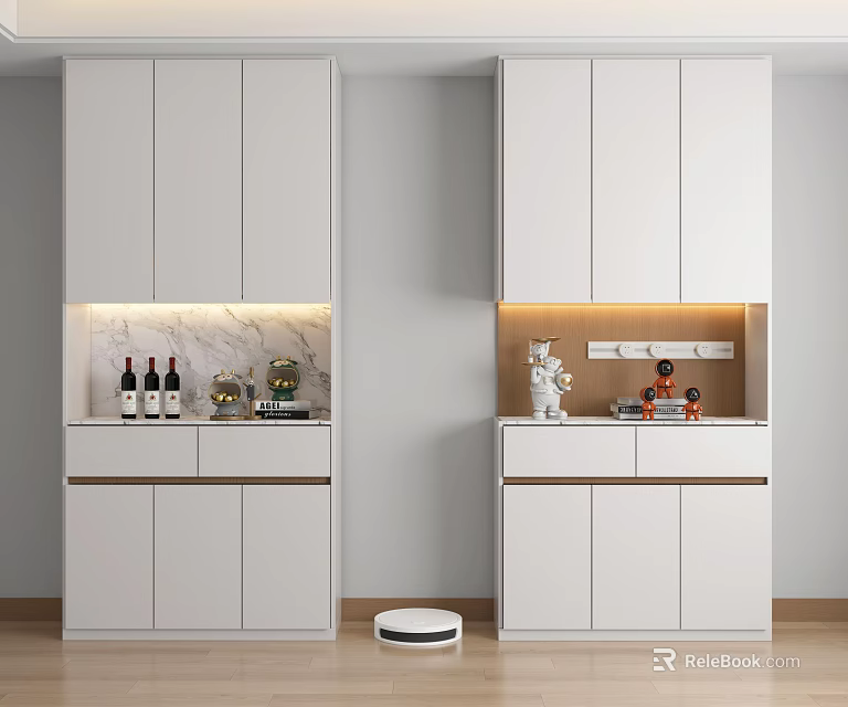 Modern Minimalist White Sideboard Cabinet With LED Lighting Marble Countertop And Decorative Items 3d model 