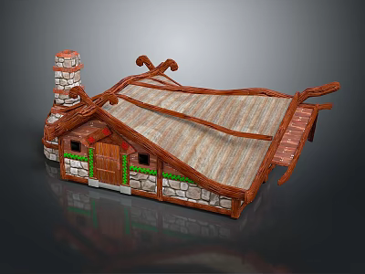 Cartoon Cottage Scene With Stone Walls Thatch Roof Wooden Beams And Green Decorations 3d model