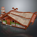 Cartoon Cottage Scene With Stone Walls Thatch Roof Wooden Beams And Green Decorations