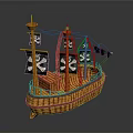 Vintage Pirate Ship As Water Transport With Orange Hull Black Skull Flags And Wooden Deck