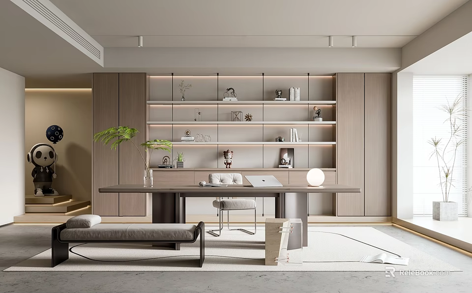 Modern Study Room Interior With Wall Shelves Wooden Desk Green Plants And Decorative Items 3d model 