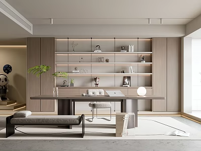 Modern Study Room Interior With Wall Shelves Wooden Desk Green Plants And Decorative Items 3d model