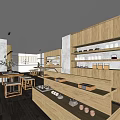 Specialty Store Interior Featuring Wooden Shelves Displaying Tea Sets Boxes Bright Lighting Tables And Stools