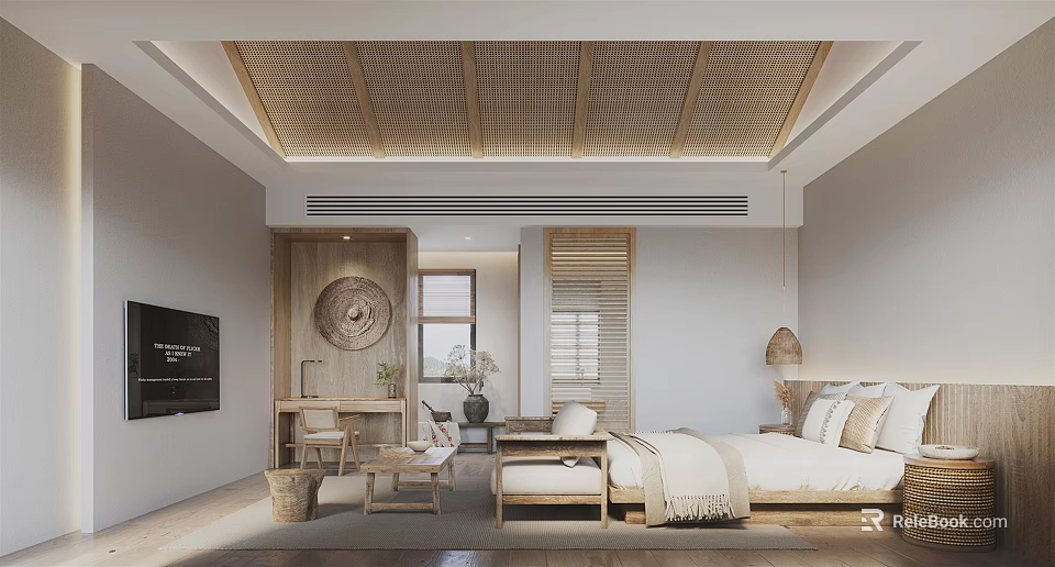 Hotel Guest Room Interior Design With Wooden Ceiling Rattan Lattice Bed And Desk 3d model 