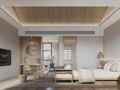 Hotel Guest Room Interior Design With Wooden Ceiling Rattan Lattice Bed And Desk 3d model