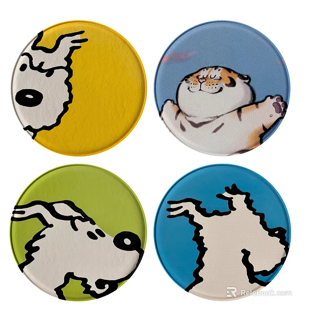 Cute Round Carpets With Cartoon Animal Patterns In Yellow Green And Blue Colors 3d model 