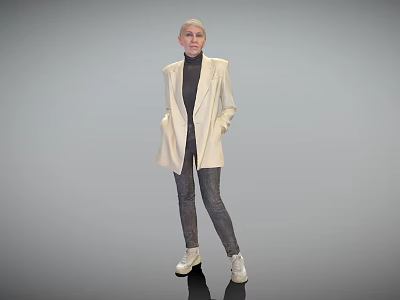 Bald Woman In Beige Blazer Black Turtleneck Dark Jeans White Sneakers Standing Against Gray Background 3d model