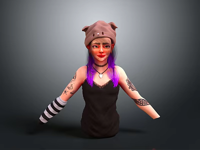 Woman With Purple Hair Cat Ear Hat Arm Tattoos Striped Sleeves And Black Camisole Dress 3d model