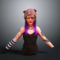 Woman With Purple Hair Cat Ear Hat Arm Tattoos Striped Sleeves And Black Camisole Dress