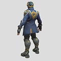 Detailed Game Movie Character with Blue Coat Golden Helmet and Black Armor