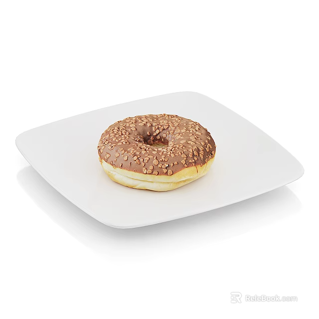 Chocolate Coated Donut With Nut Sprinkles On White Square Plate 3d model