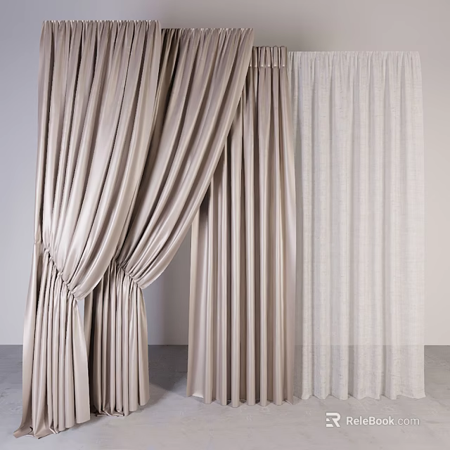 Elegant Beige Draped Curtains With Textured Fabric And White Sheer Curtains 3d model 