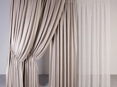 Elegant Beige Draped Curtains With Textured Fabric And White Sheer Curtains 3d model