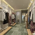 Modern Clothing Store Interior with Racks Display Shelves Cashier Counter Green Plants and Ceiling Decor