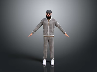 Stylish Man In Plaid Suit With Hat And Sunglasses Standing Arms Outstretched Against Gray Background 3d model