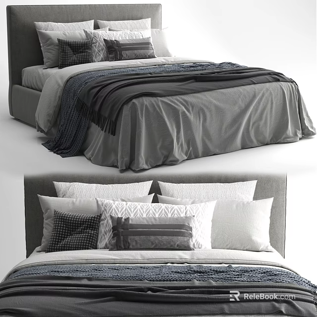 Comfortable Double Bed Setup With Modern Headboard Decorative Pillows And Soft Blanket 3d model 