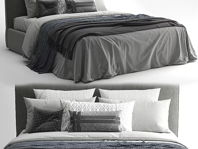 Comfortable Double Bed Setup With Modern Headboard Decorative Pillows And Soft Blanket 3d model
