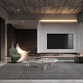 Modern Living Room With Gray Sofa Glass Coffee Table Green Chair And Stone Feature Wall