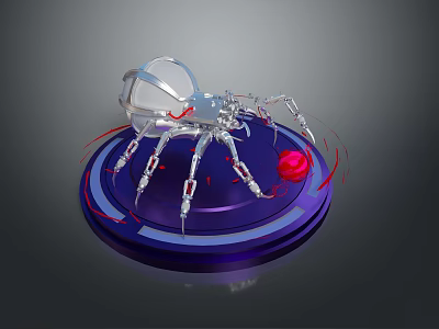 Futuristic Mechanical Spider Featuring Transparent Dome Head Metallic Legs On Blue Platform With Red Sphere 3d model