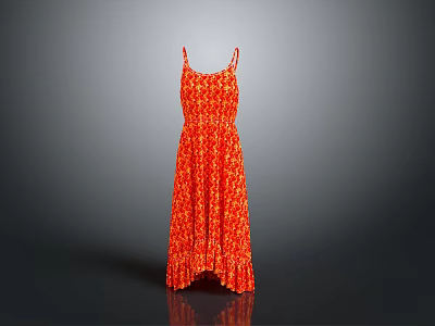 Stylish Red Long Dress With Orange Patterns Spaghetti Straps And Ruffled Hem 3d model
