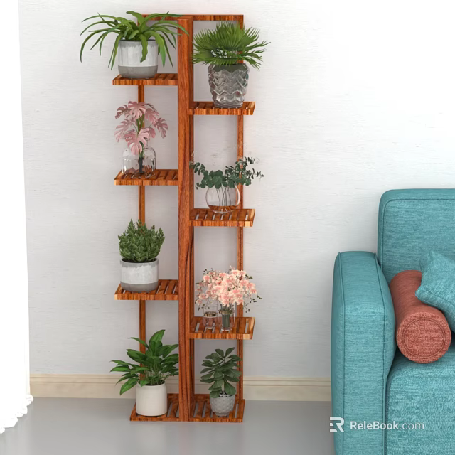 Various Bonsai Plants On Wooden Multi Tiered Shelf Next To Blue Sofa With Cushions 3d model 
