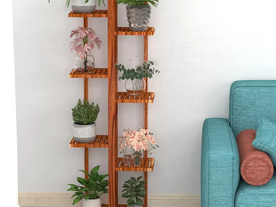 Various Bonsai Plants On Wooden Multi Tiered Shelf Next To Blue Sofa With Cushions 3d model