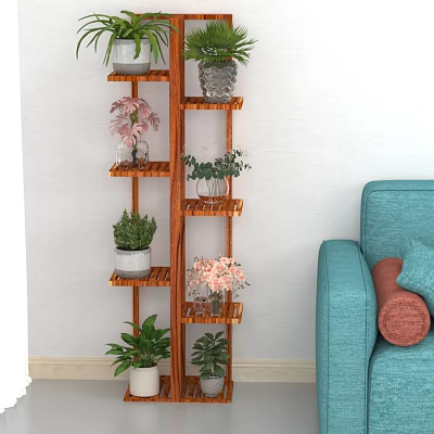 Various Bonsai Plants On Wooden Multi Tiered Shelf Next To Blue Sofa With Cushions 3d model