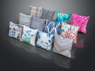 Colorful Assorted Decorative Pillows With Floral Striped Geometric And Abstract Patterns 3d model