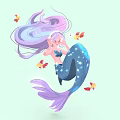 Game Anime Mermaid Character With Long Purple Blue Hair Sparkling Tail And Flying Butterflies Fish