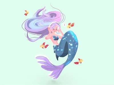 Game Anime Mermaid Character With Long Purple Blue Hair Sparkling Tail And Flying Butterflies Fish 3d model