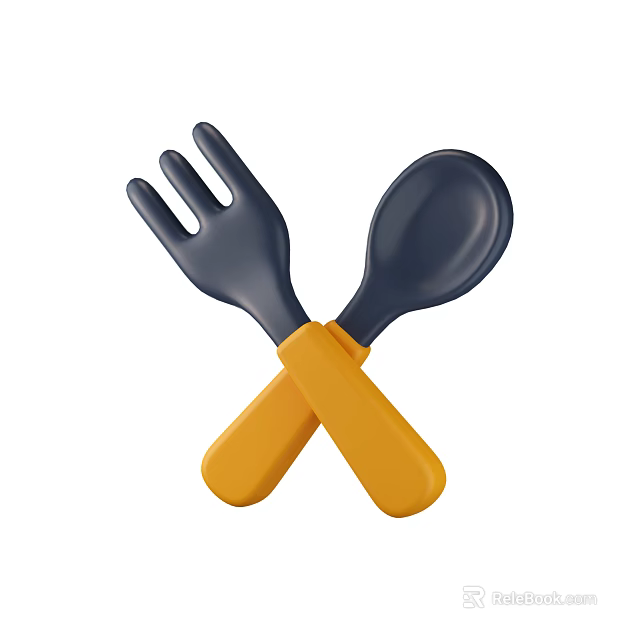 Colorful Kitchen Utensils Fork and Spoon with Yellow Handles and Dark Blue Heads Crossed Design 3d model 