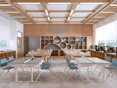 School International Classroom Interior With Wooden Ceiling Bookshelves Tables And Blue Chairs 3d model