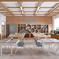 School International Classroom Interior With Wooden Ceiling Bookshelves Tables And Blue Chairs