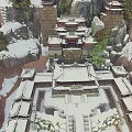 Cartoon Scene Featuring Chinese Ancient Architecture Snowy Mountains Rocky Cliffs and Snow Covered Steps