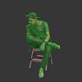Man sitting on ladder wearing gray t-shirt pants hat and gloves holding tools