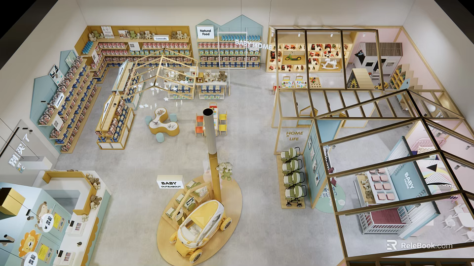 Modern Retail Store Interior With Organized Shelves Display Areas And Decorative Elements 3d model 